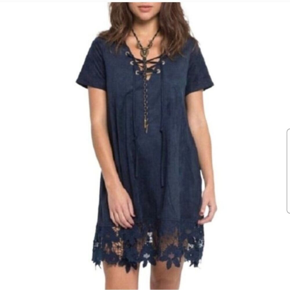 Muche Et Muchette Womens Embroider Trim Lace Up Neck Dress blue size S/M